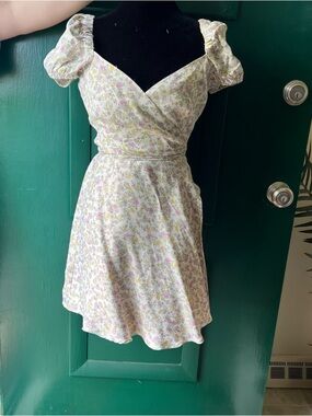 Zara Cream Mini Dress with Pink and Green Floral Print size medium